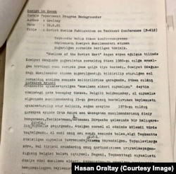 Азаттық радиосының Орта Азия және Қазақстан діни басқармасы ұйымдастырған Ташкент конференциясы туралы 1981 жылғы 16 маусымдағы хабарының жазбасы. Ұлттық академиялық кітапханадағы Хасен Оралтайдың жеке қоры